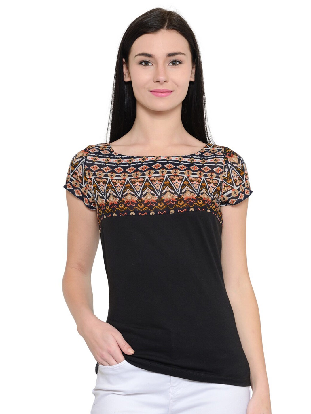

Zastraa Tribal Print Crepe Top, Black