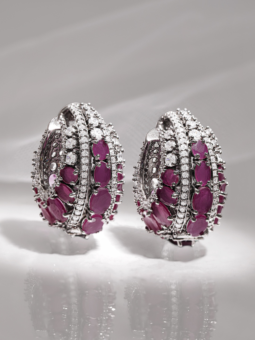 

Rubans Rhodium Plated Pink Sapphire with AAA CubicZirconia Studded Luxurious Hoop Earrings