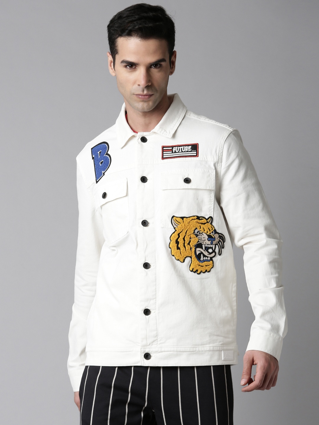 

Breakbounce Men White Denim Jacket with Patchwork