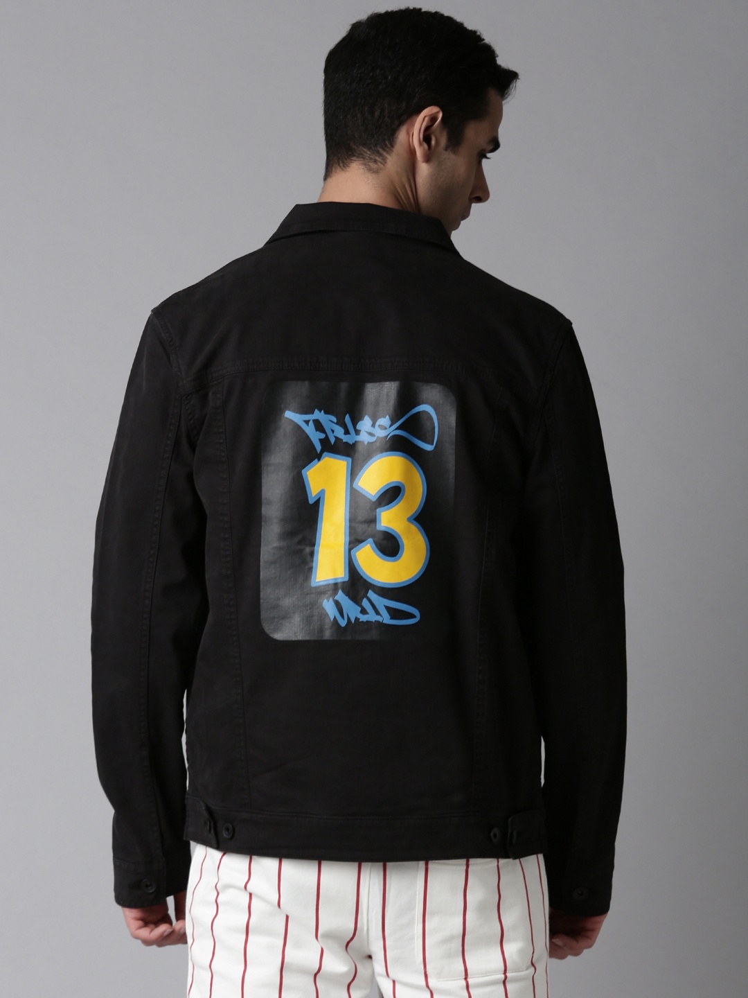 

Breakbounce Men Black Denim Jacket with Patchwork