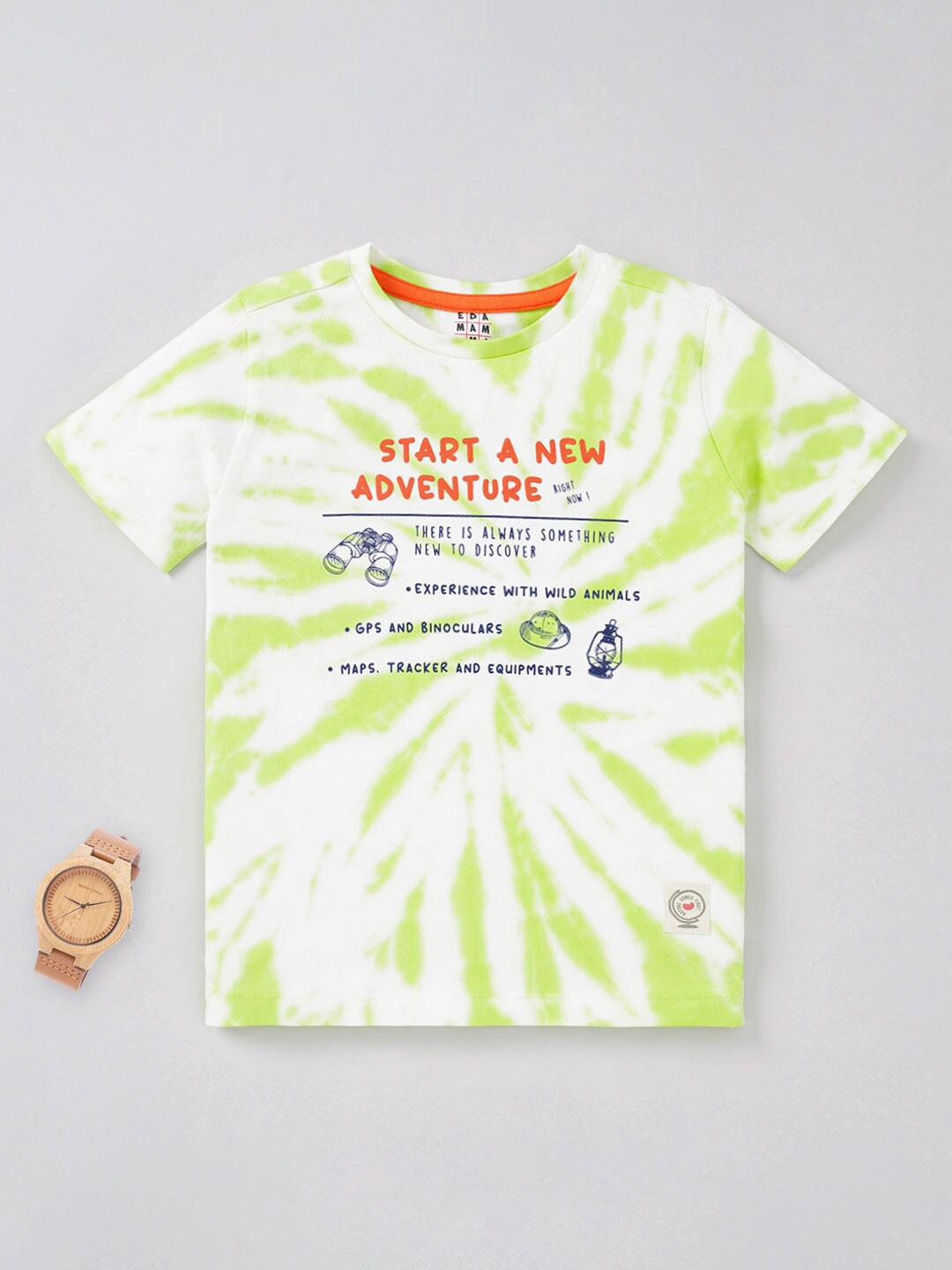 Ed-a-Mamma Boys Typography Printed Tie & Dye Cotton T-shirt, Green