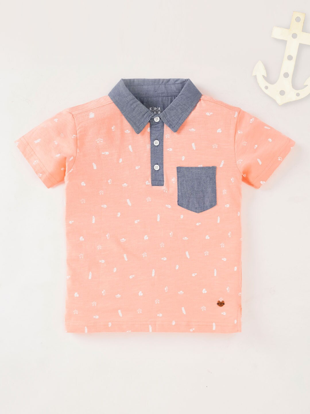 

Ed-a-Mamma Boys Conversational Printed Polo Collar Pure Cotton T-shirt, Coral