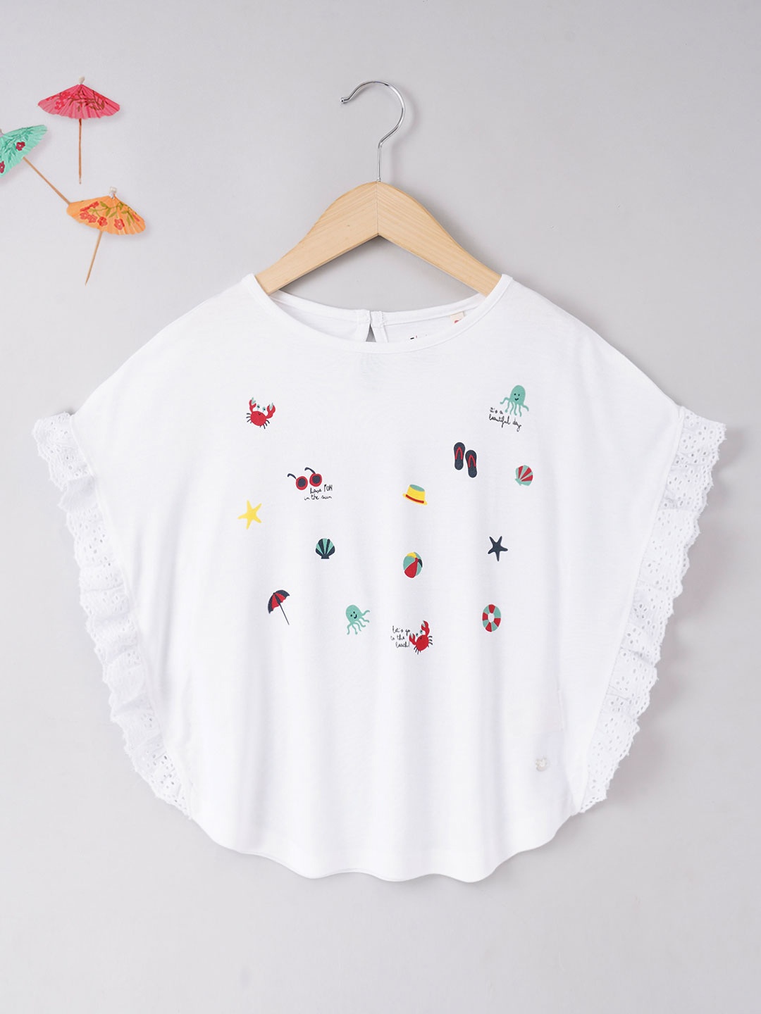 

Ed-a-Mamma Girls Conversational Printed Round Neck Cape T-shirt, White
