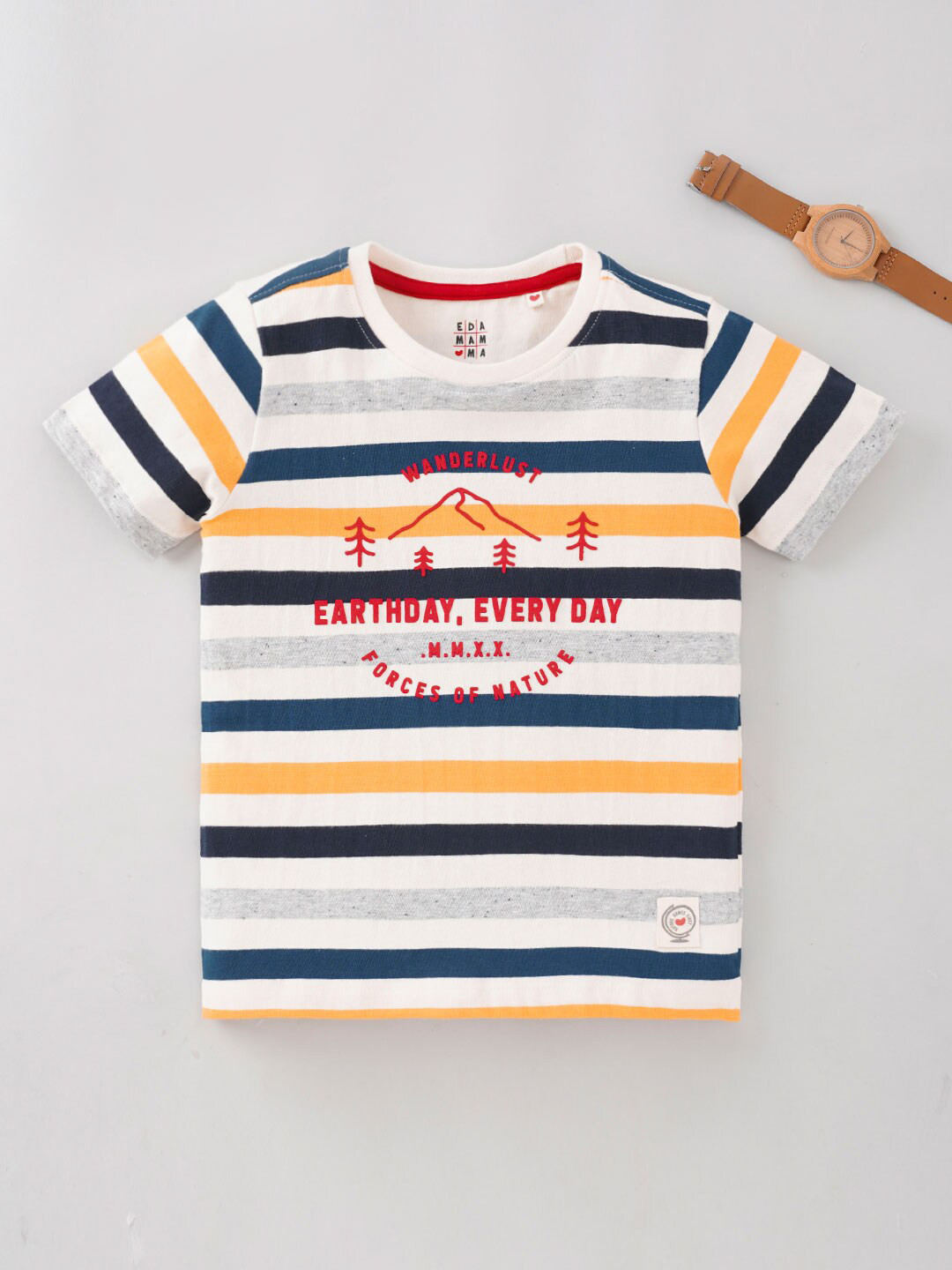 

Ed-a-Mamma Boys Striped Round Neck Pure Cotton T-shirt, White