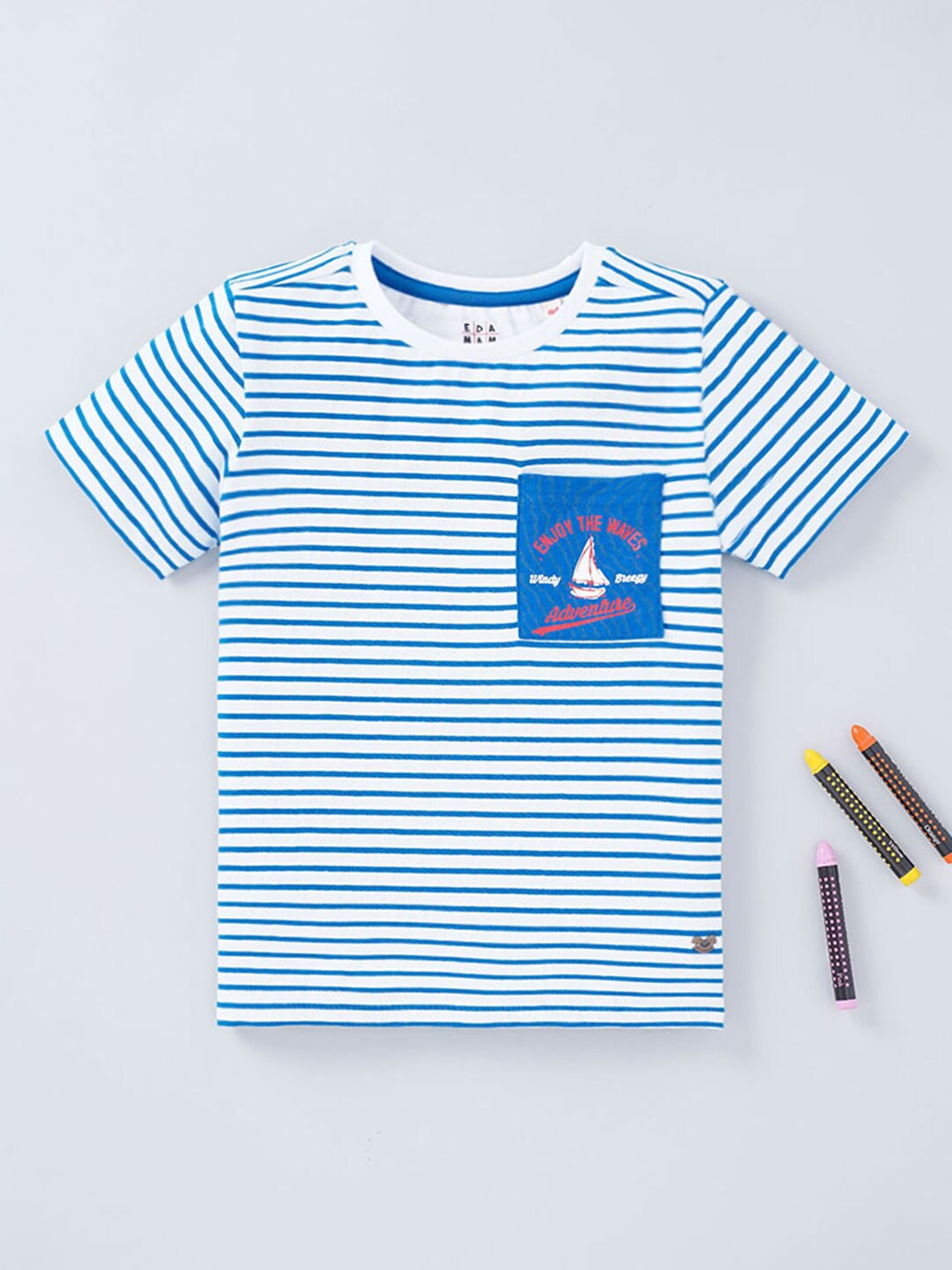 Ed-a-Mamma Boys Striped Round Neck Cotton T-shirt, Blue