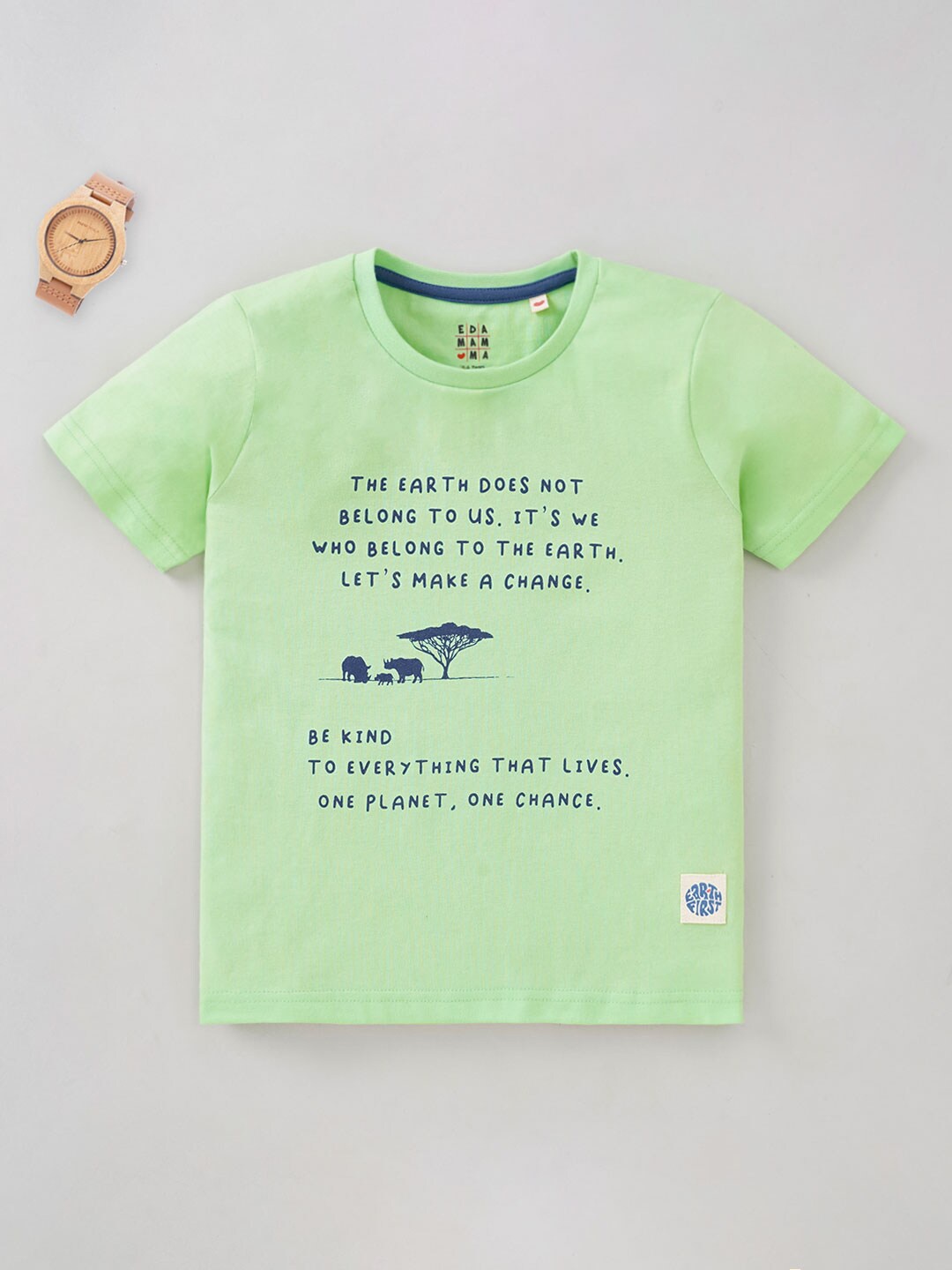 Ed-a-Mamma Boys Typography Printed Round Neck Pure Cotton T-shirt, Green