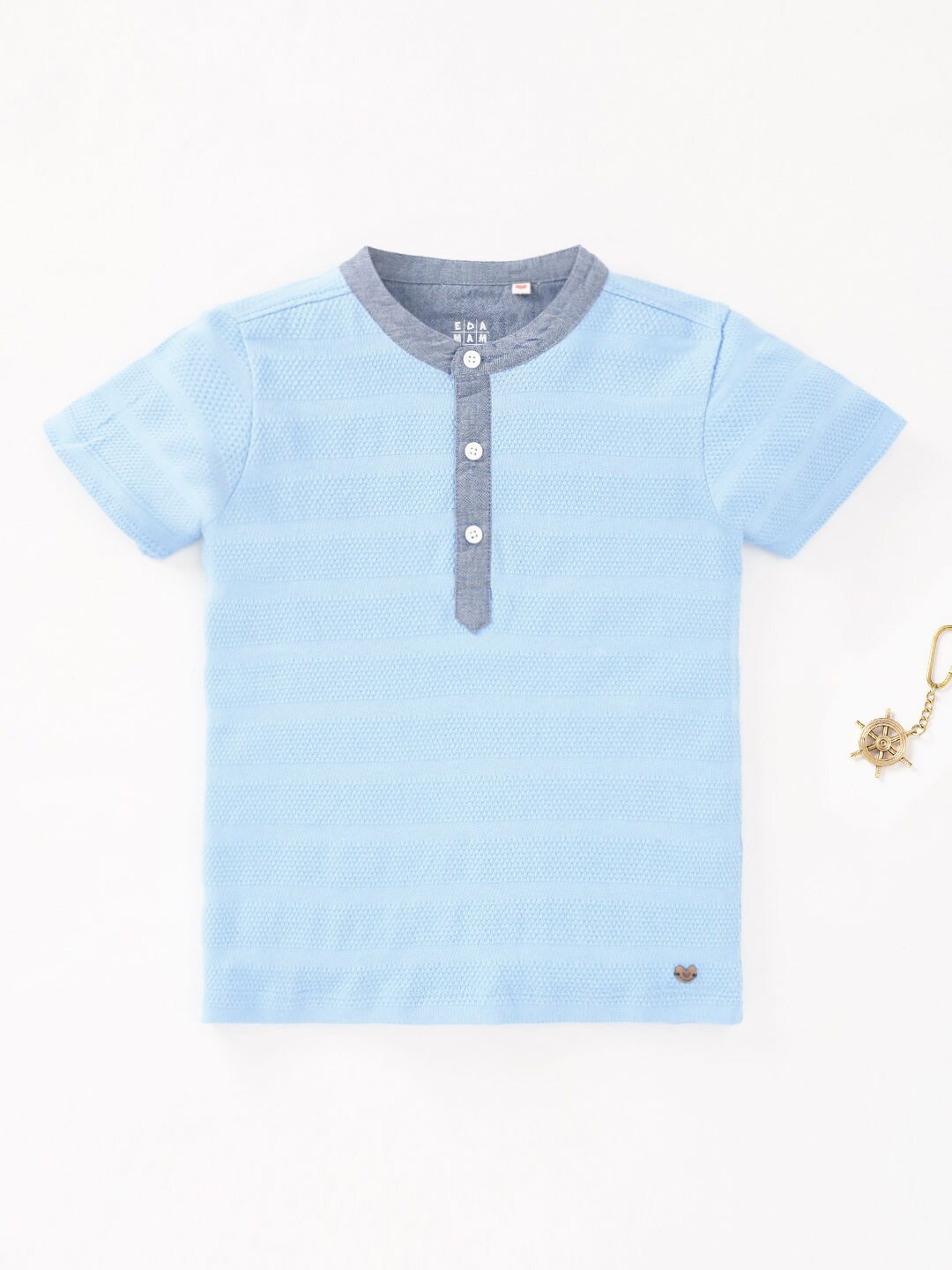 

Ed-a-Mamma Boys Striped Henley Neck Short Sleeves Cotton T-shirt, Blue