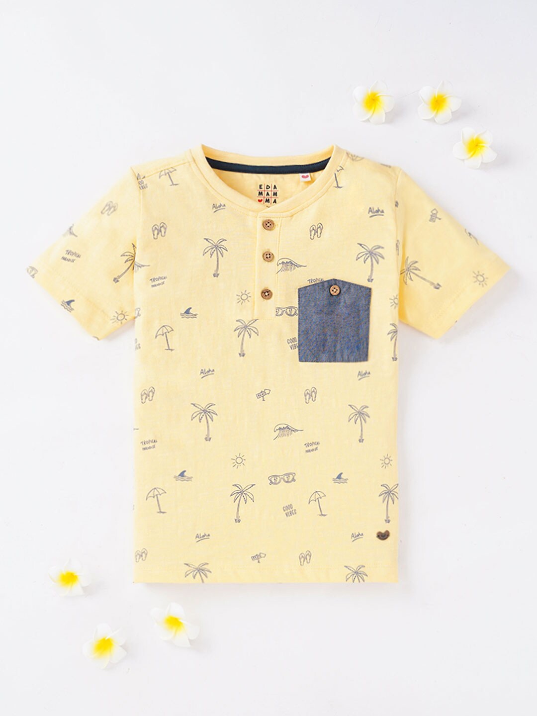 

Ed-a-Mamma Boys Conversational Printed Henley Neck Short Sleeves Cotton T-shirt, Yellow