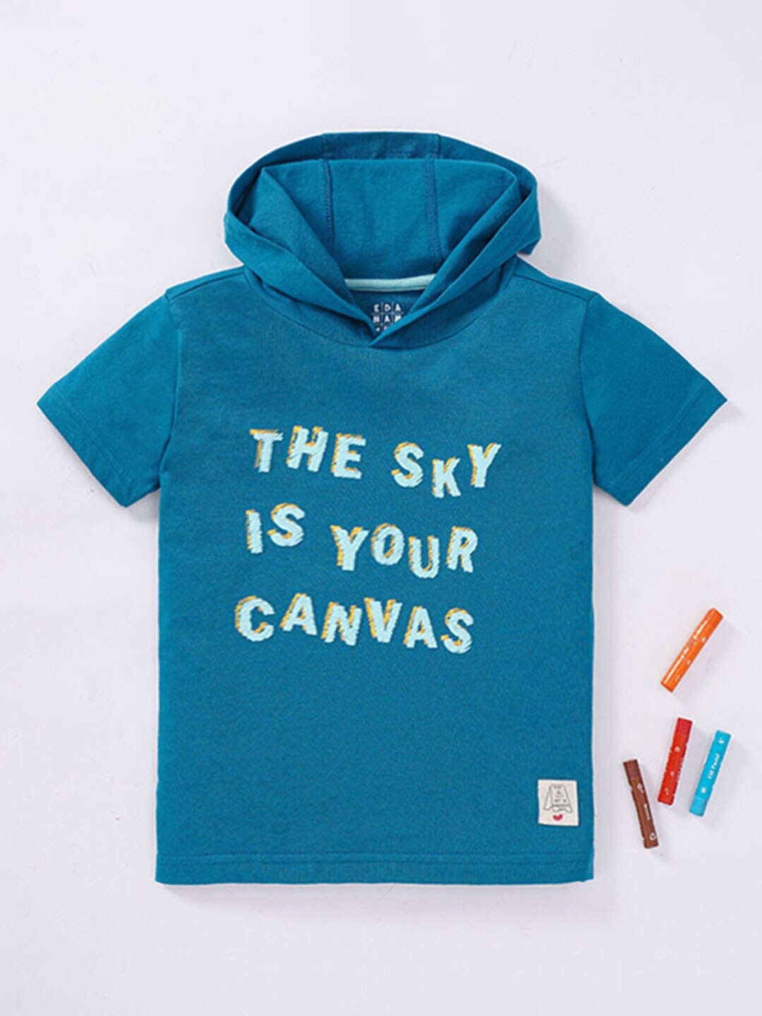 Ed-a-Mamma Boys Typography Printed Hooded Cotton T-shirt, Blue