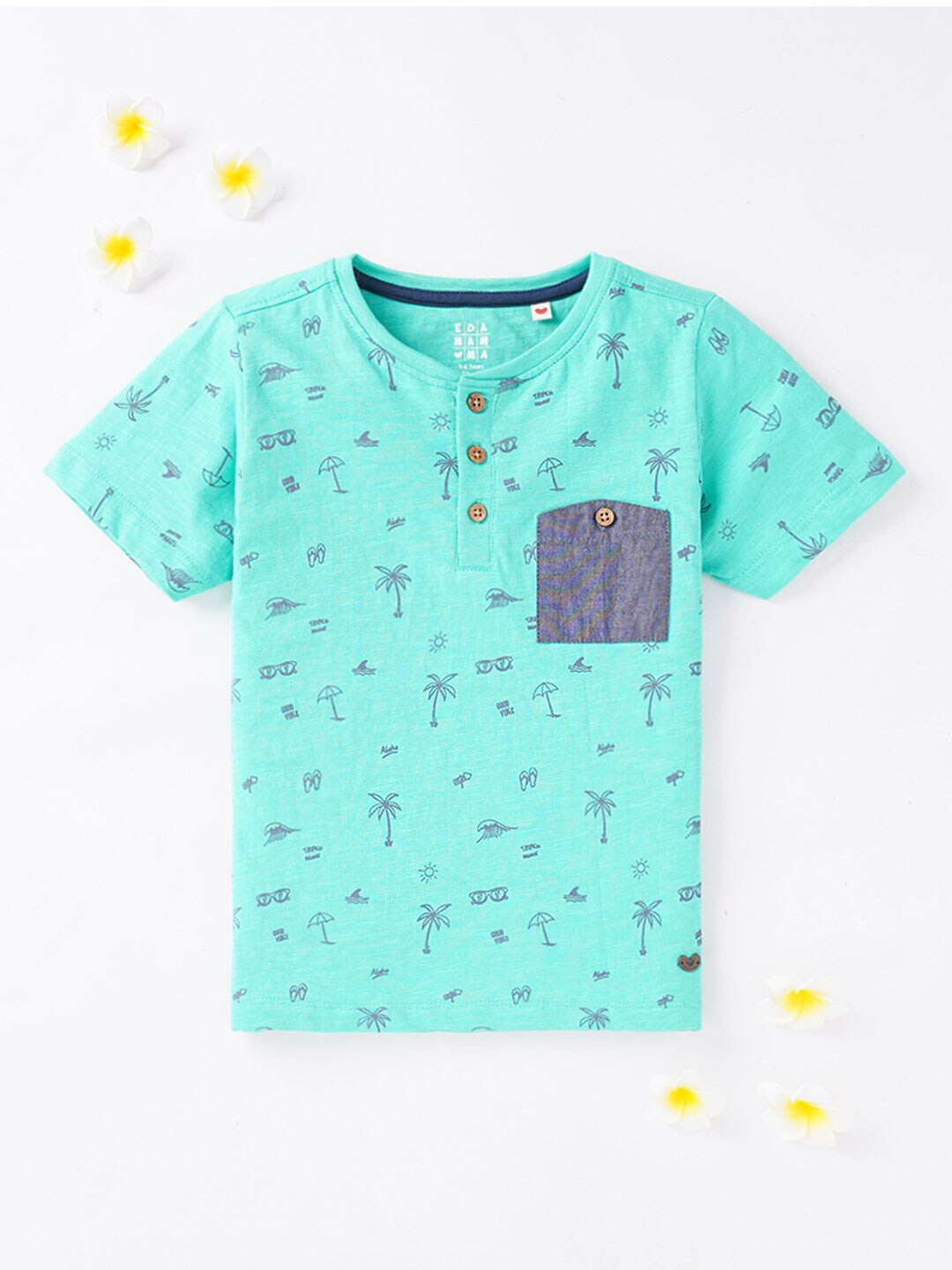 

Ed-a-Mamma Boys Conversational Printed Henley Cotton T-shirt, Green