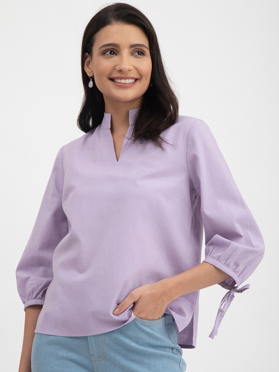

FableStreet Mandarin Collar Puff Sleeves Linen Top, Lavender
