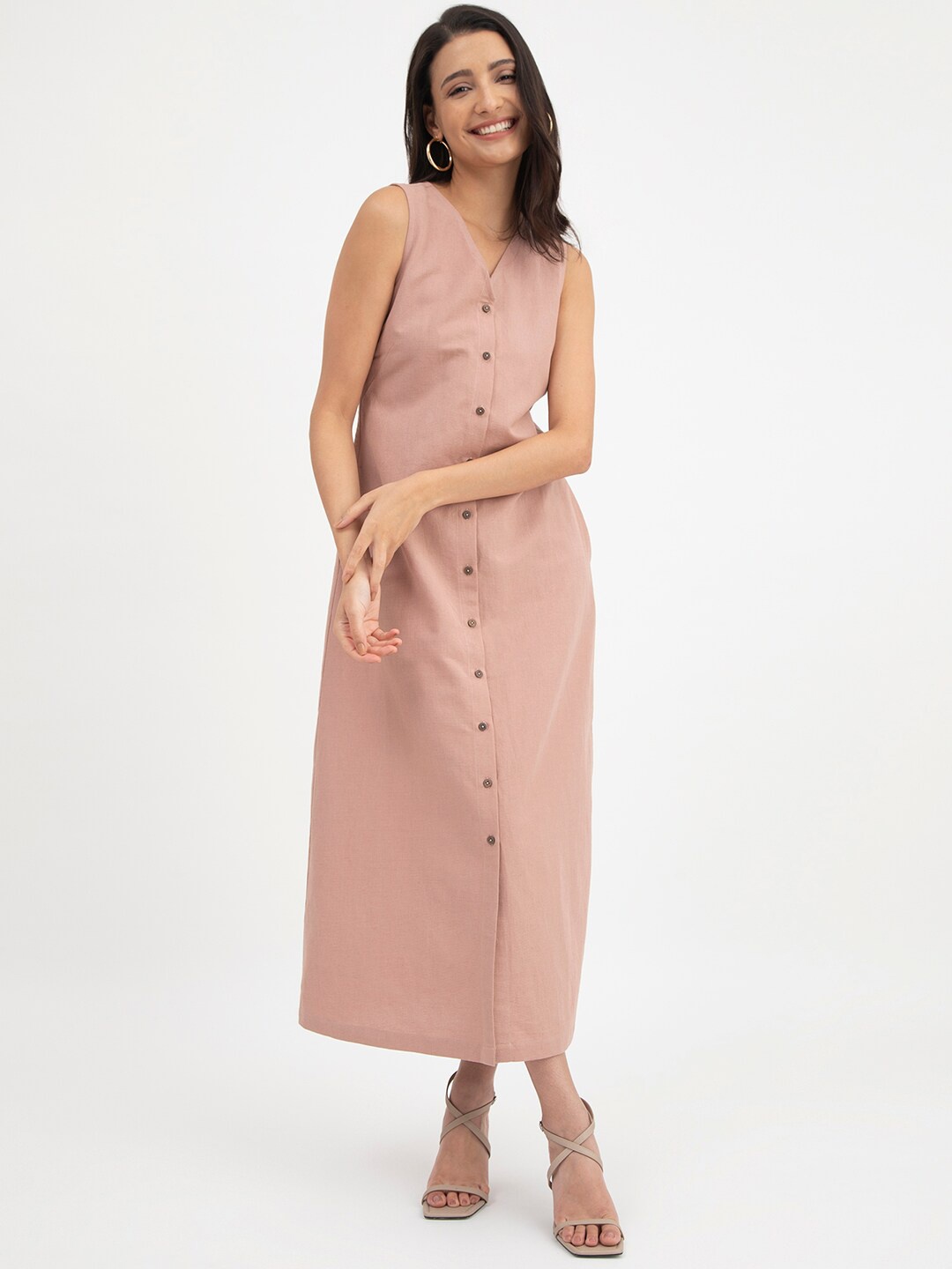 

FableStreet V-Neck Linen Maxi Dress, Pink