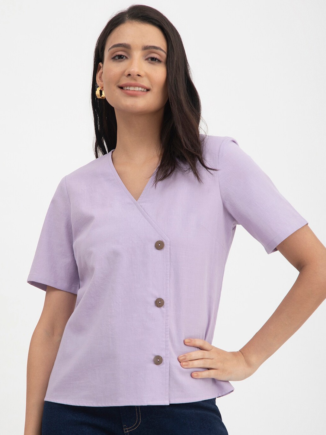 

FableStreet V-Neck Shirt Style Linen Top, Lavender