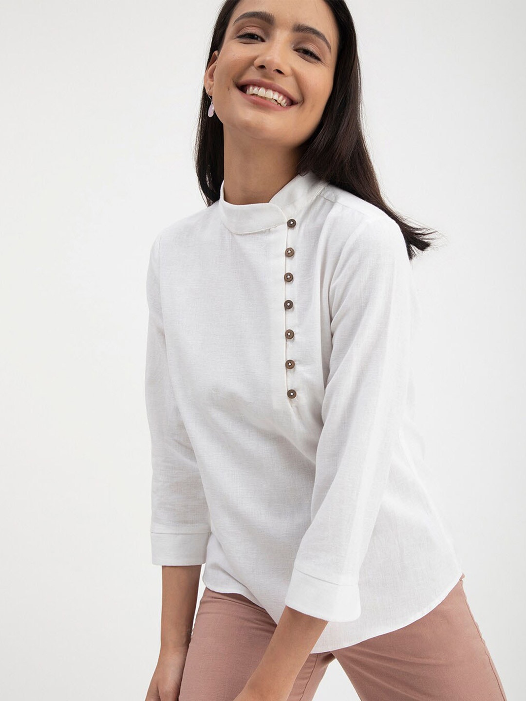 

FableStreet Mandarin Collar Shirt Style Linen Top, White