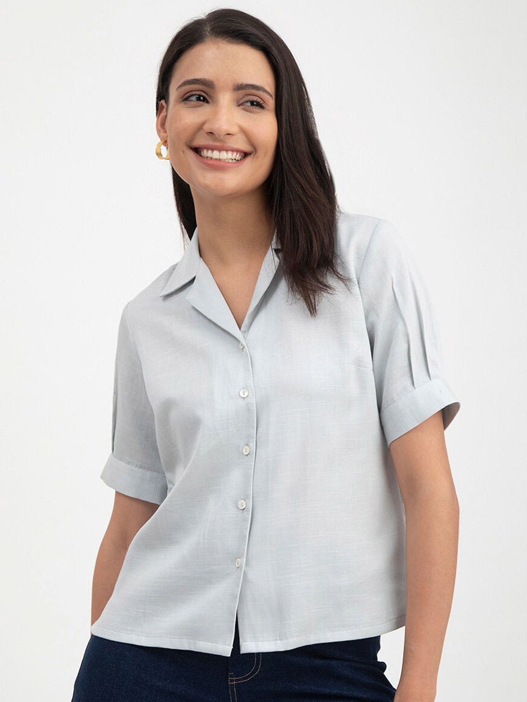 FableStreet Cuban Collar Puff Sleeves Linen Shirt Style Top, Blue