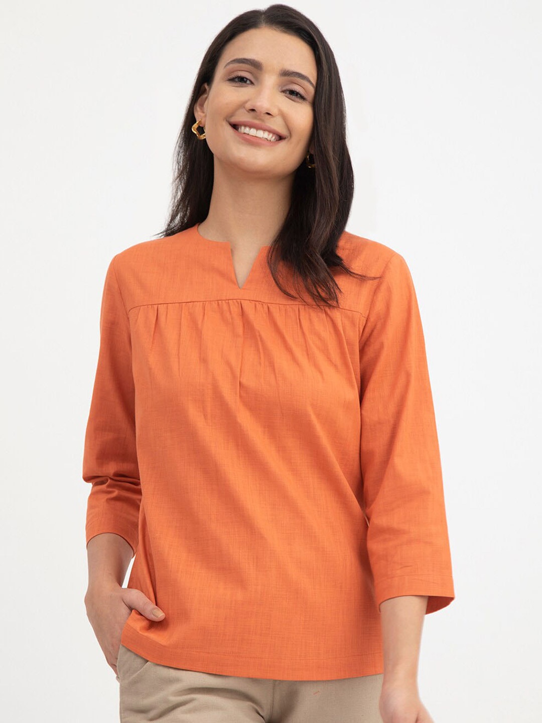 

FableStreet Notched Neck Gathered or Pleated Linen Top, Orange