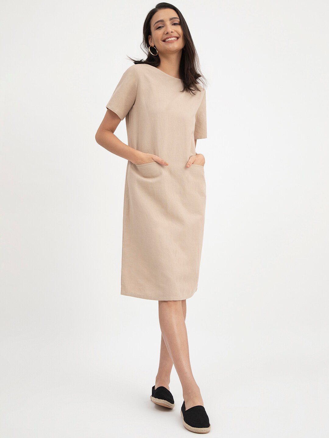 

FableStreet Round Neck Linen Sheath Dress, Beige