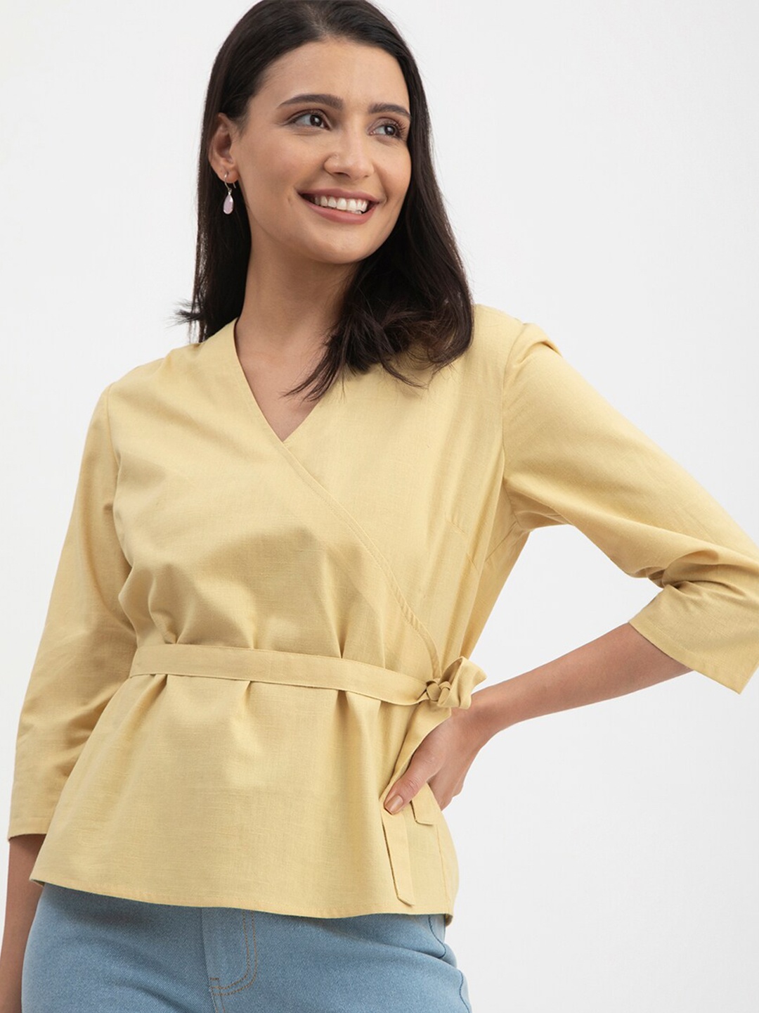 

FableStreet V-Neck Waist Tie-Ups Linen Wrap Top, Yellow