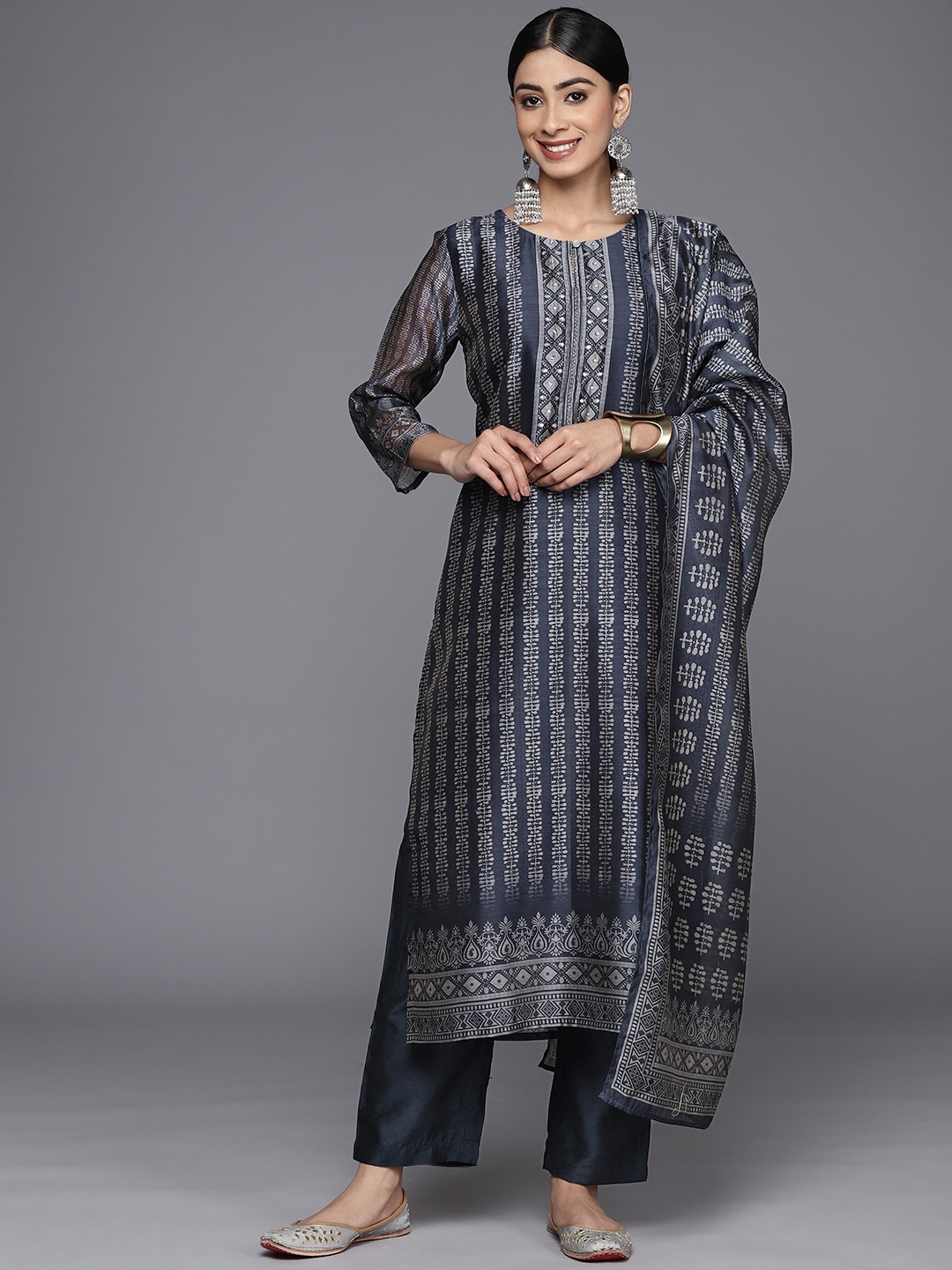 

Varanga Women Printed Regular Sequinned Chanderi Silk Kurta with Trousers & With Dupatta, Blue