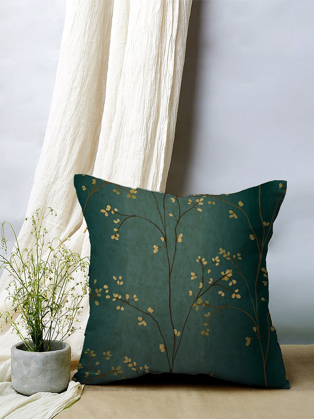

SPACES Elegent Green & Mustard 5 Pieces Floral Printed Velvet Square Cushion Covers