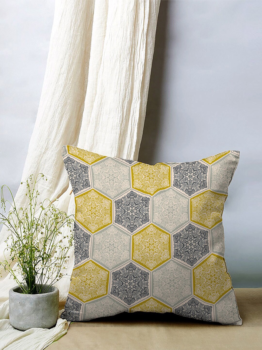 

SPACES Elegent Yellow & Grey 5 Pieces Ethnic Motifs Printed Velvet Square Cushion Covers