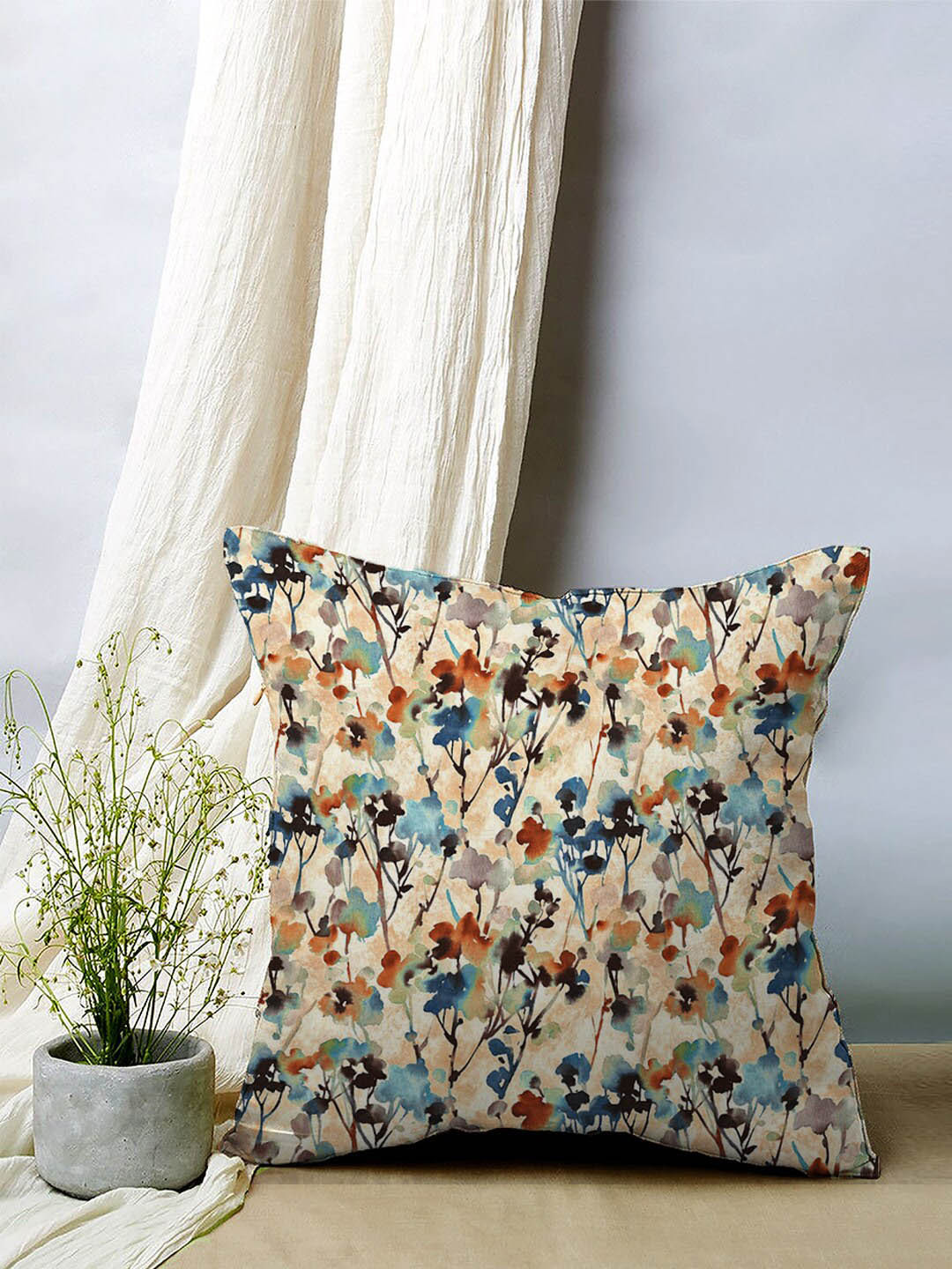 

SPACES Elegent Blue & Beige 5 Pieces Floral Velvet Square Cushion Covers
