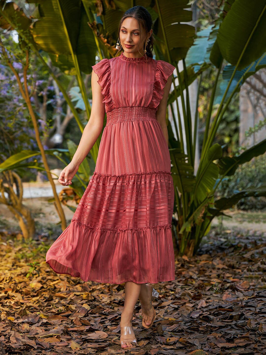 KASSUALLY Flutter Sleeve Ruffled Georgette Fit & Flare Midi Dress, Peach