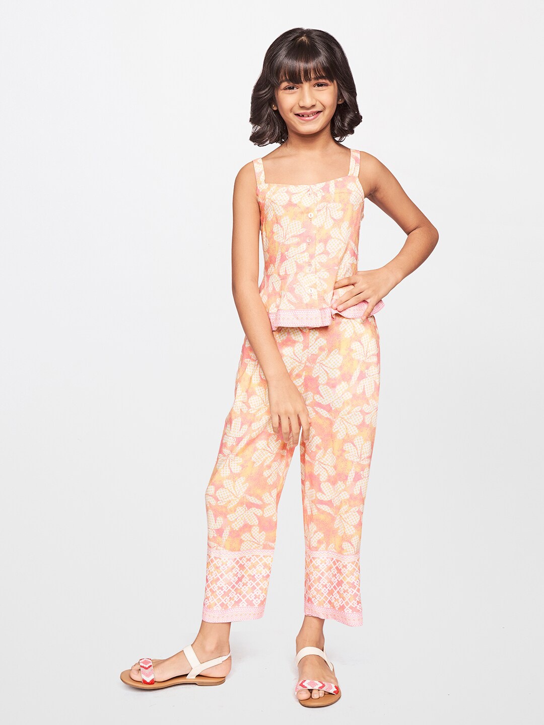 

Global Desi Girls Floral Printed Shoulder Straps Top with Pyjamas, Coral
