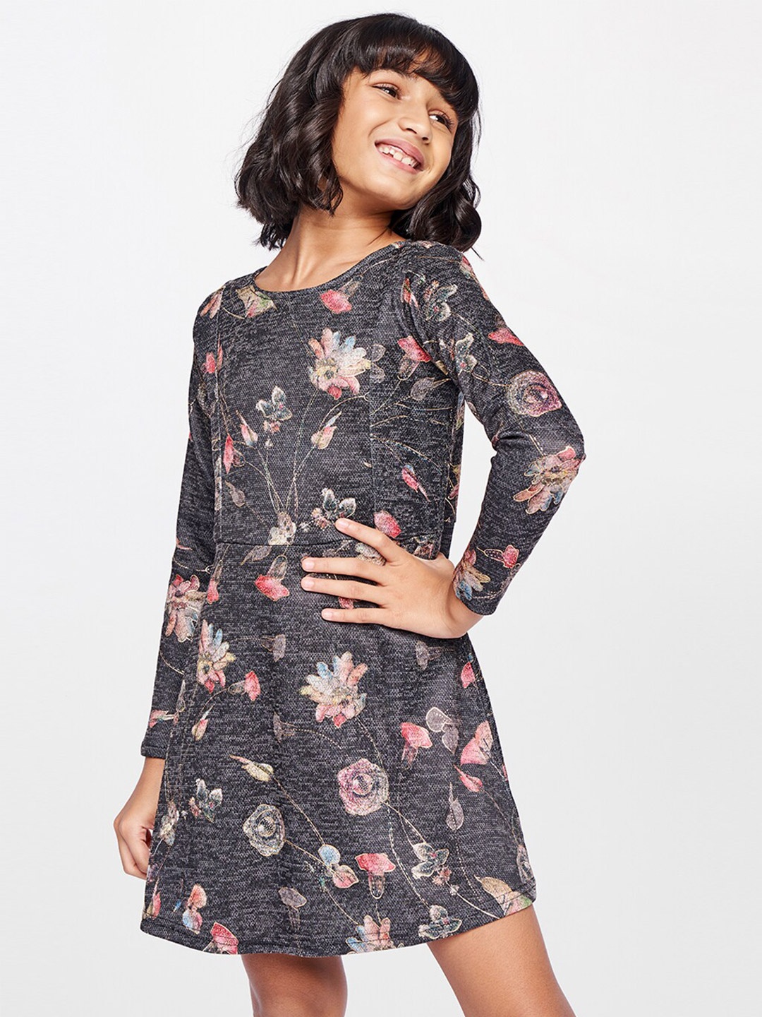 

Global Desi Girls Floral Print A-Line Dress, Grey