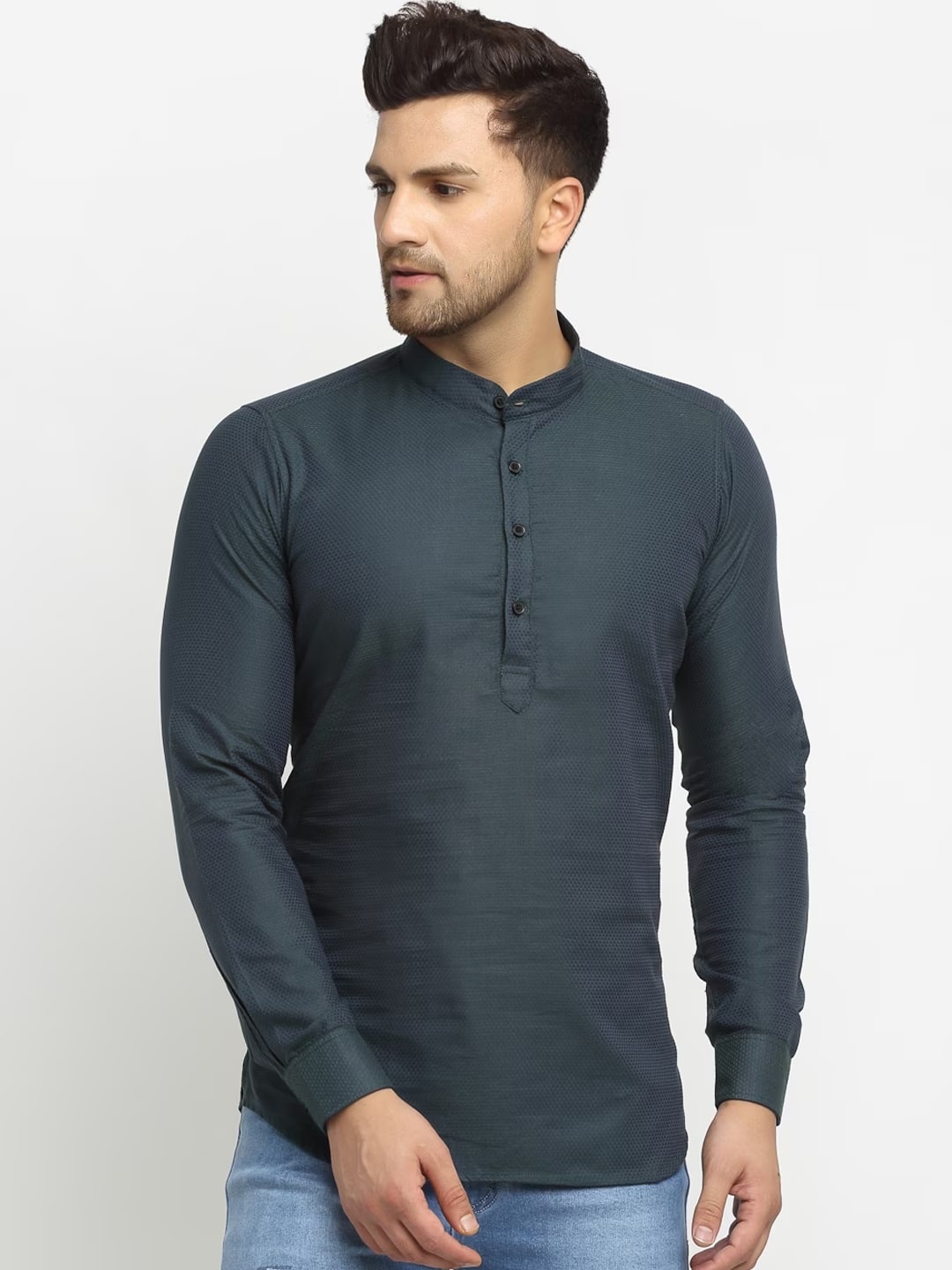 

Cross Court Mandarin Collar Cotton Dobby Straight Kurta, Teal
