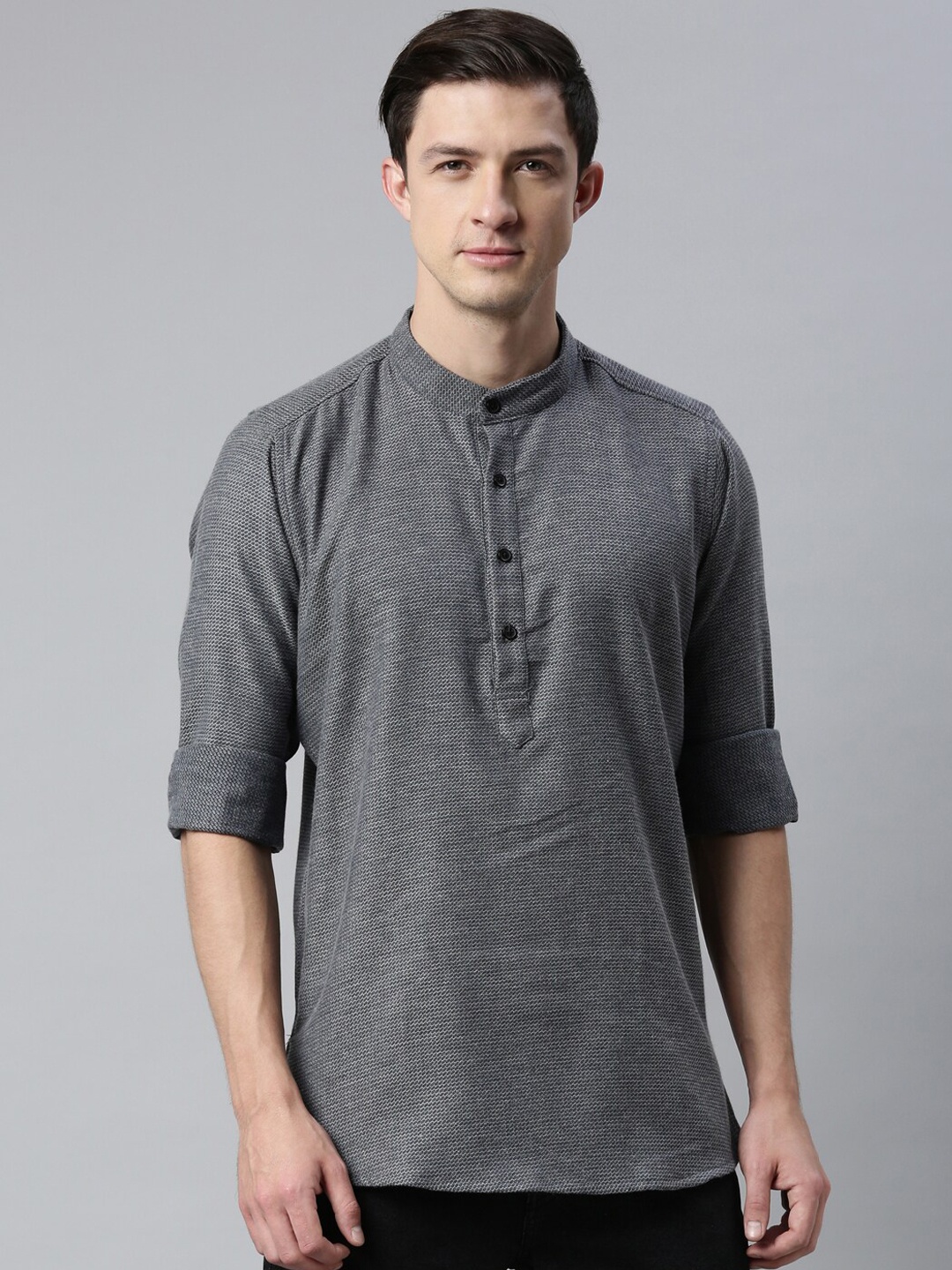 

Cross Court Woven Design Mandarin Collar Cotton Straight Kurta, Grey