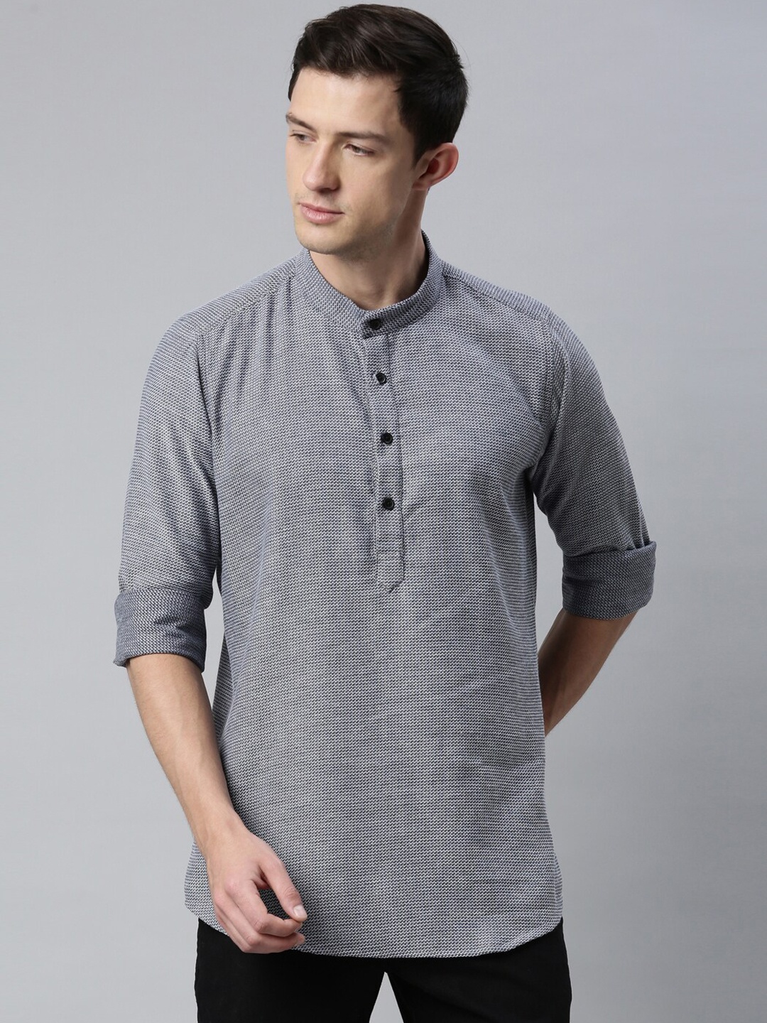

Cross Court Woven Design Mandarin Collar Cotton Straight Kurta, Grey