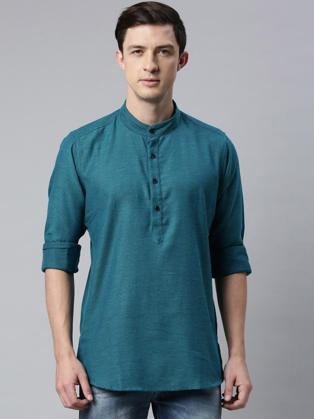 

Cross Court Mandarin Collar Cotton Straight Kurta, Teal