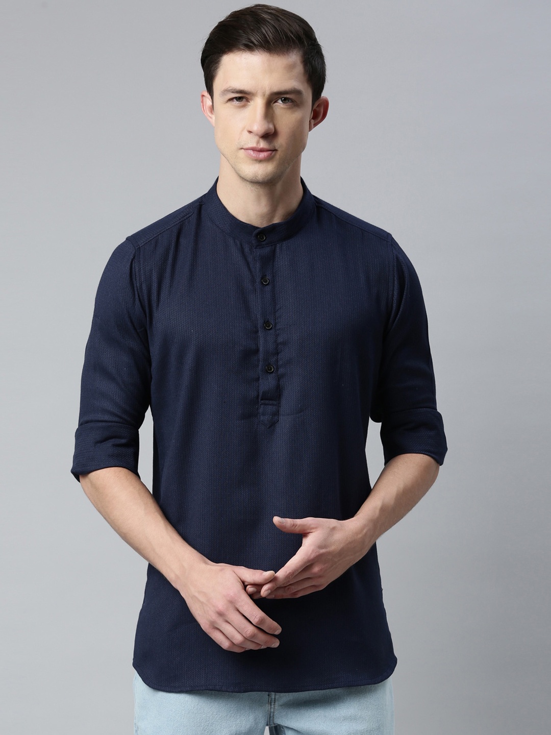 

Cross Court Mandarin Collar Cotton Straight Kurta, Navy blue