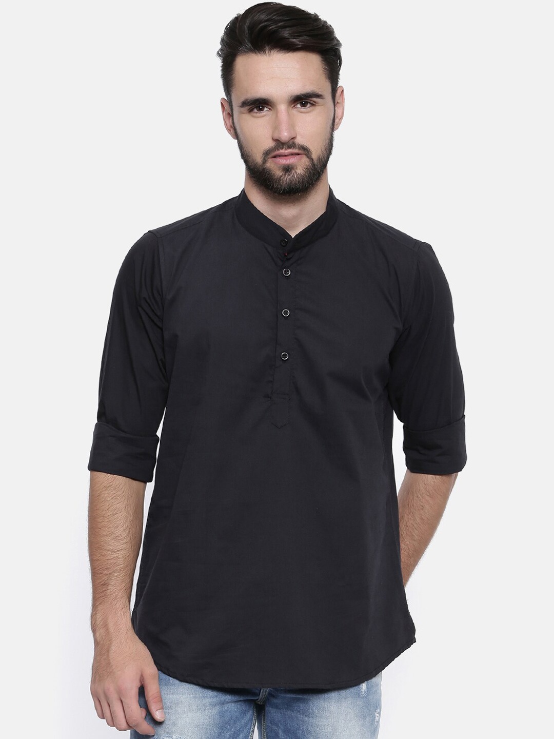 

Cross Court Mandarin Collar Cotton Straight Kurta, Black