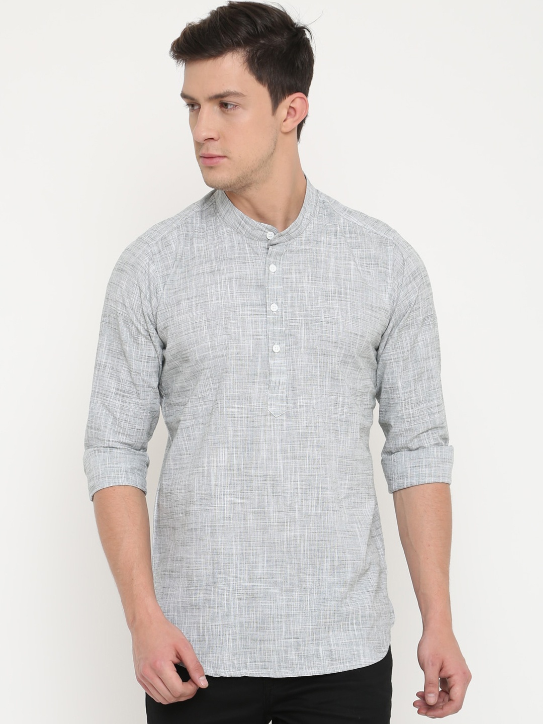 

Cross Court Men Cotton Mandarin Collar Long Sleeves Kurta, Grey