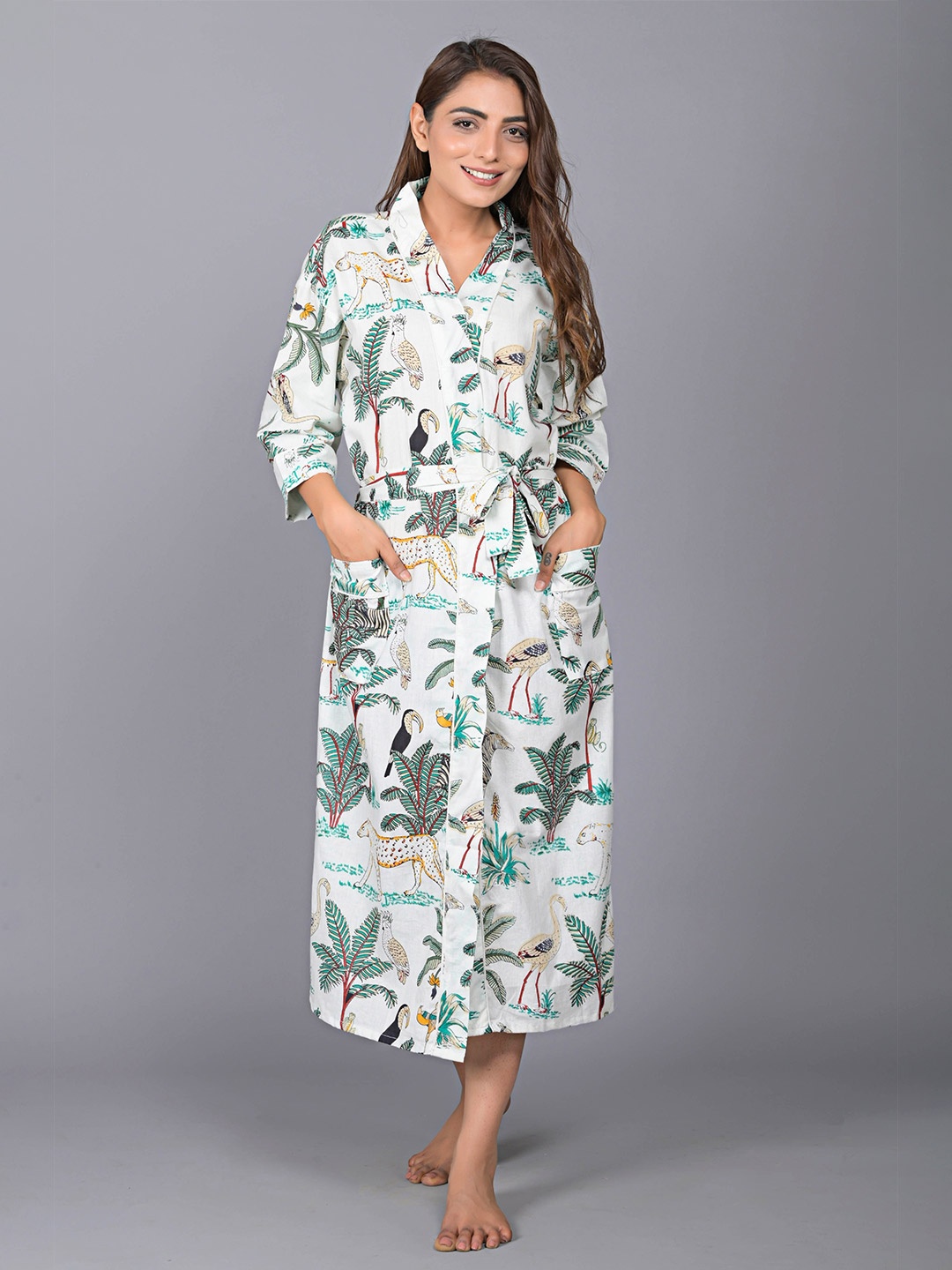 

SHOOLIN Tropical Printed V Neck Midi Nightdress, White