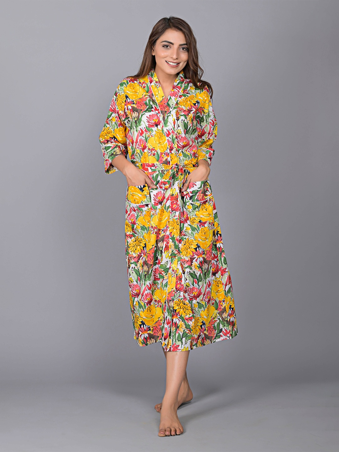 

SHOOLIN Floral Printed V Neck Midi Nightdress, Mustard
