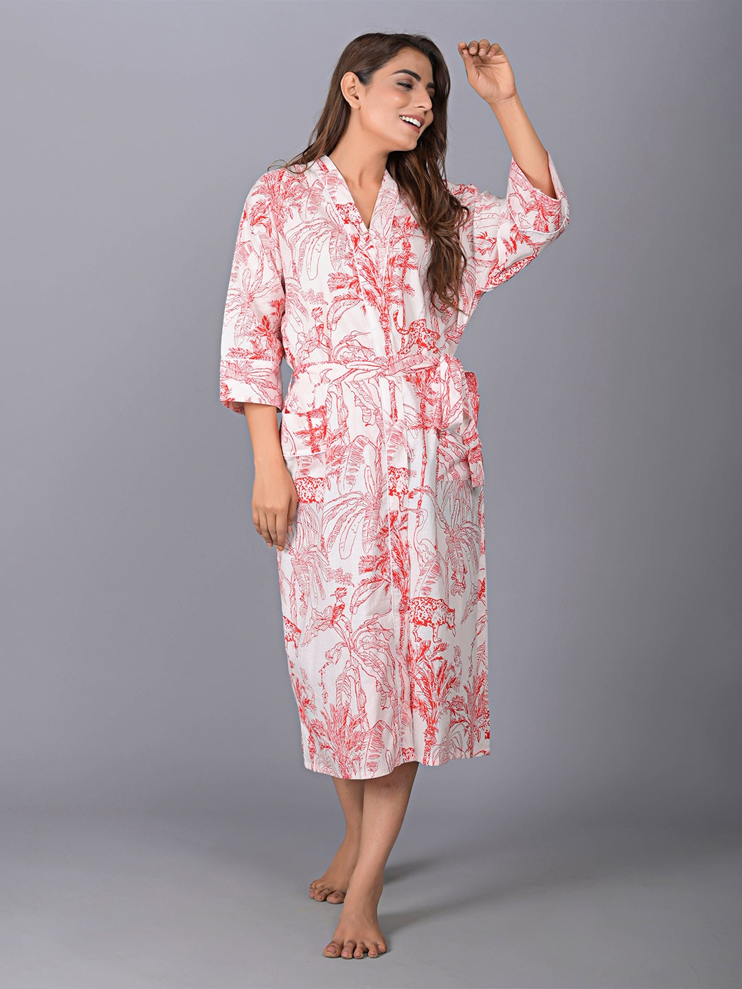 

SHOOLIN Tropical Printed V Neck Midi Nightdress, Red
