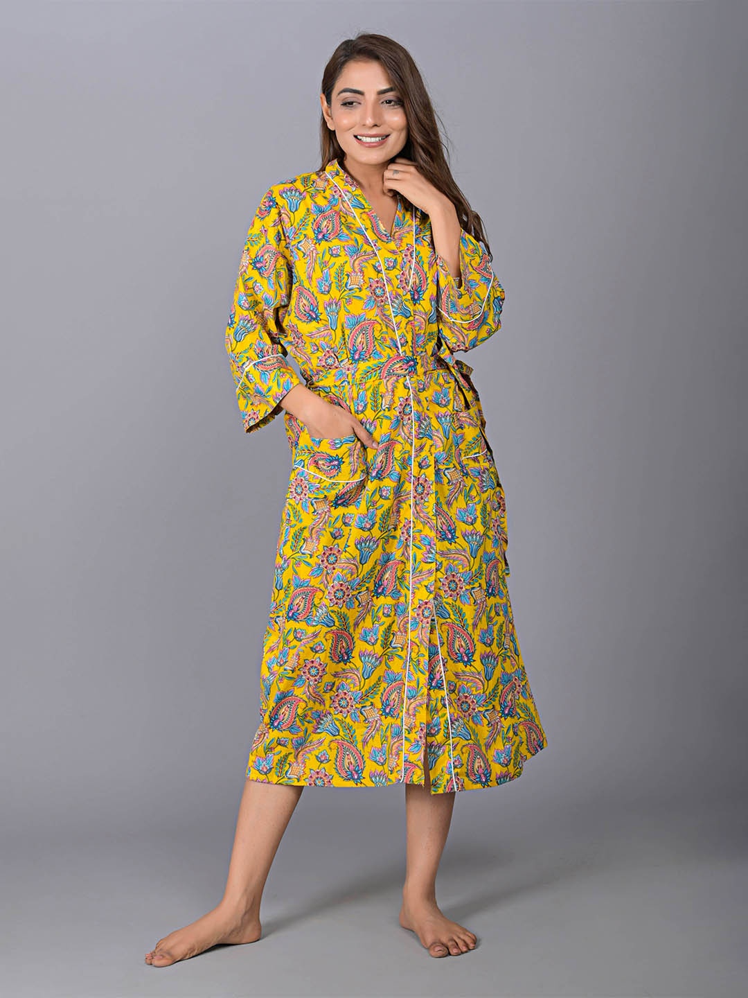 

SHOOLIN Ethnic Motifs Printed V Neck Midi Nightdress, Yellow