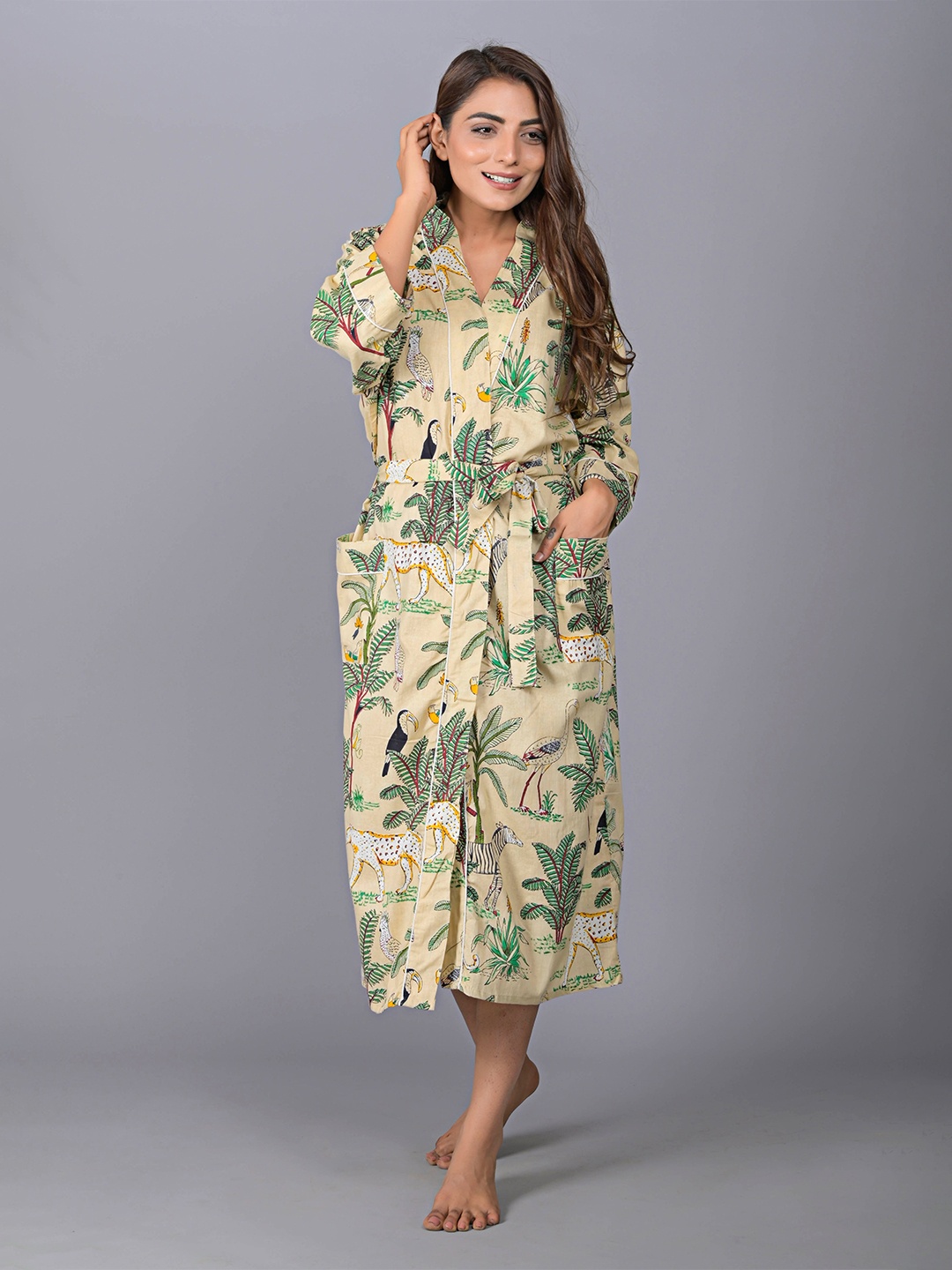 

SHOOLIN Tropical Printed V Neck Midi Nightdress, Beige
