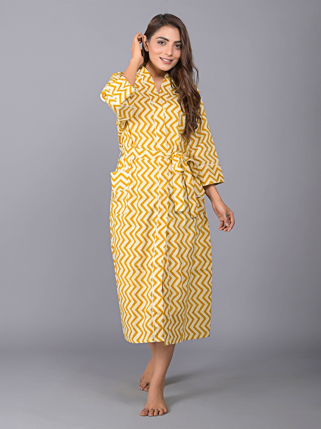 

SHOOLIN Geometric Printed V Neck Midi Nightdress, Mustard