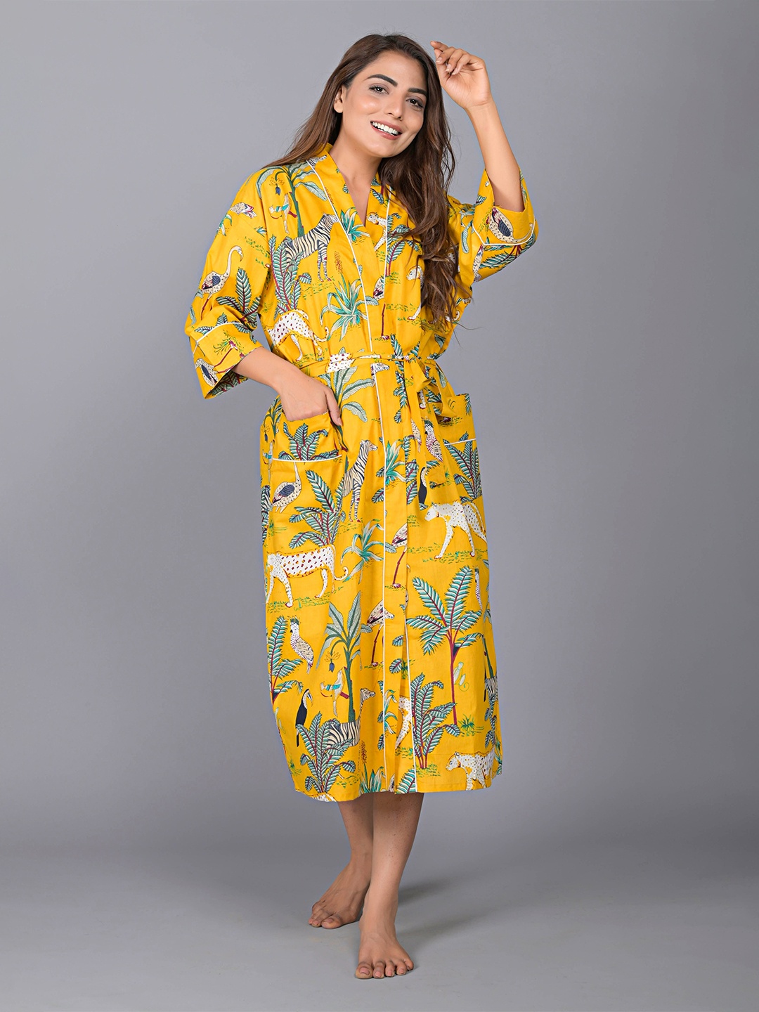 

SHOOLIN Tropical Printed V Neck Midi Nightdress, Mustard
