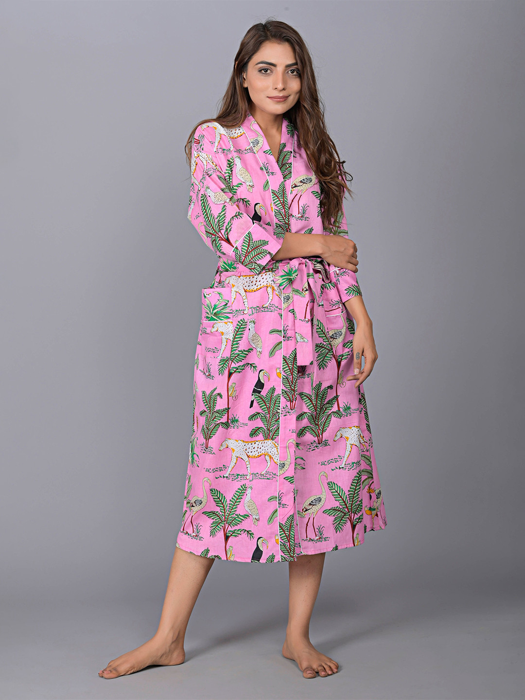 

SHOOLIN Tropical Printed V Neck Midi Nightdress, Pink