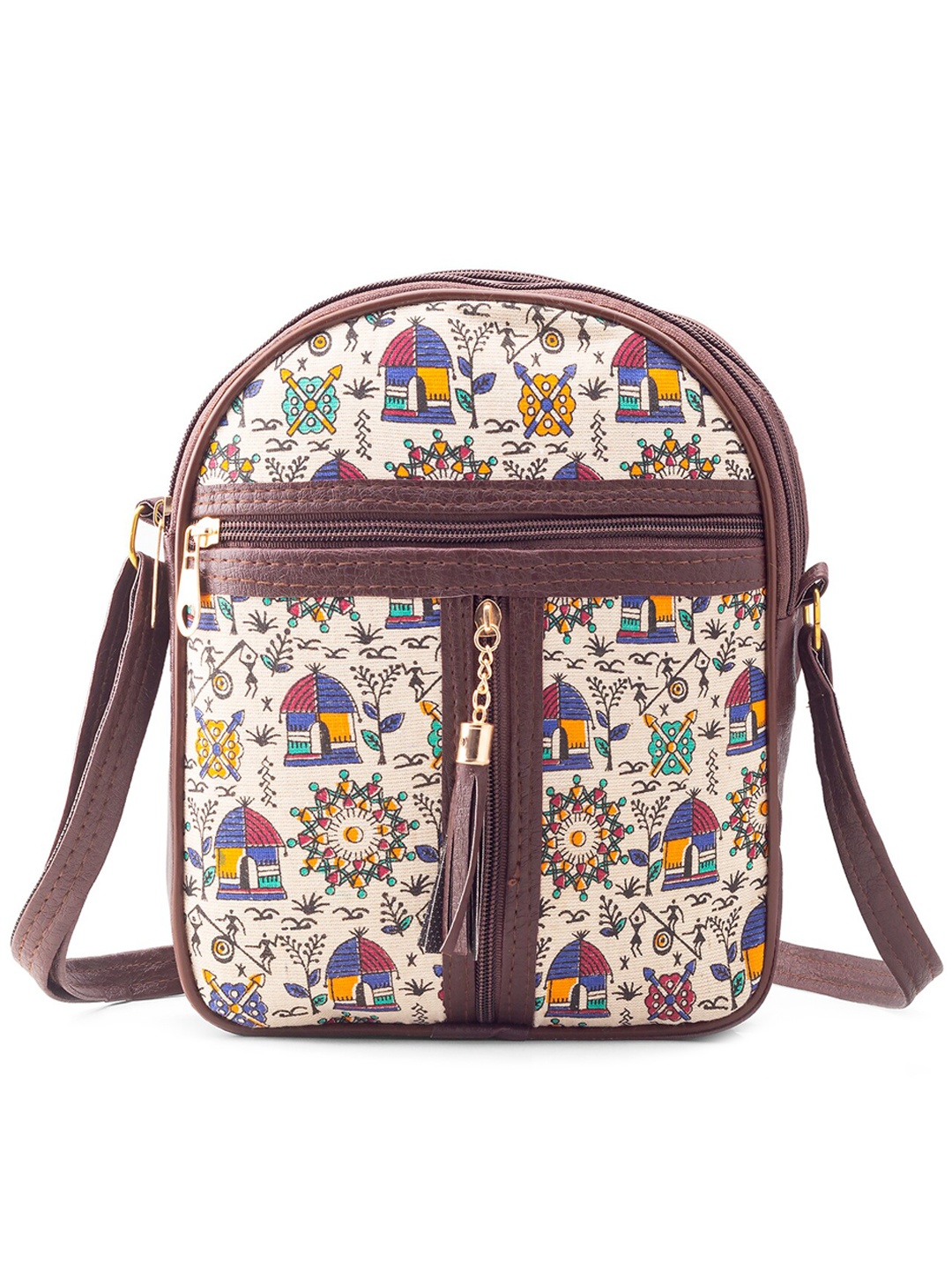 

Goatter Ethnic Motifs Printed Structured Sling Bag With Tasselled, Off white