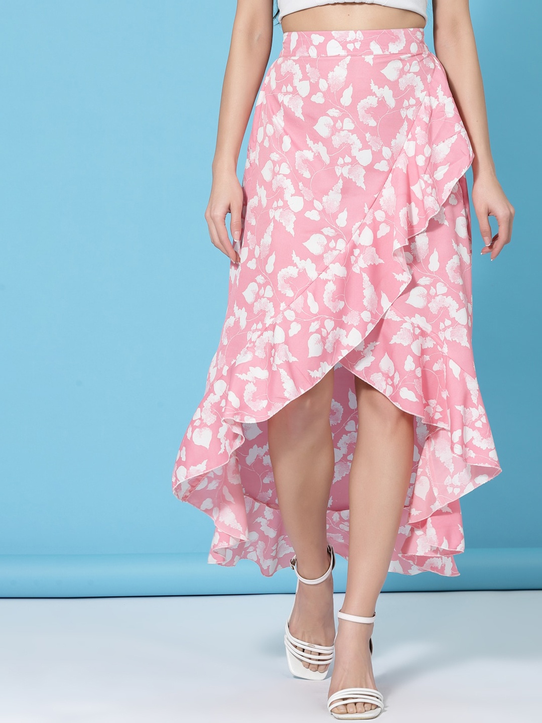 

Oomph! Floral Printed Maxi Wrap High-Low Skirt, Pink