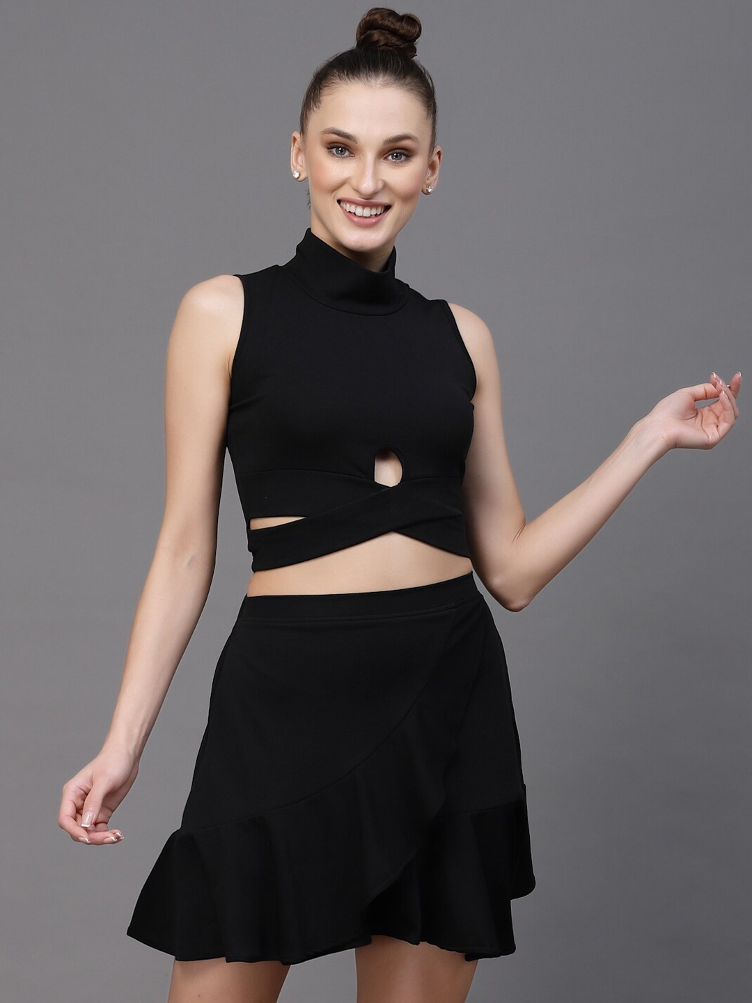 

Oomph! A-line Ruffled Mini Skater Skirt, Black