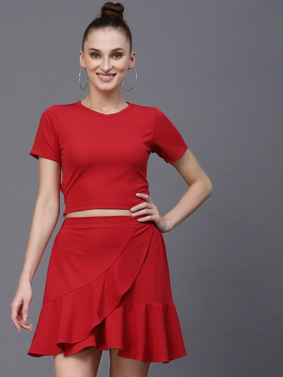 

Oomph! A-line Ruffled Mini Skater Skirt, Red