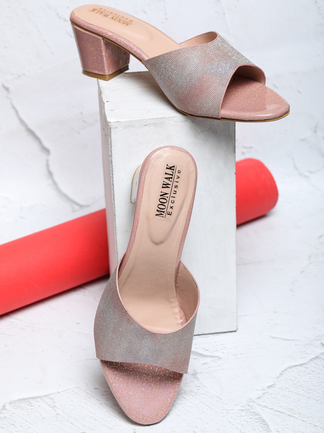 

Moonwalk Embellished Open Toe Block Heels, Pink