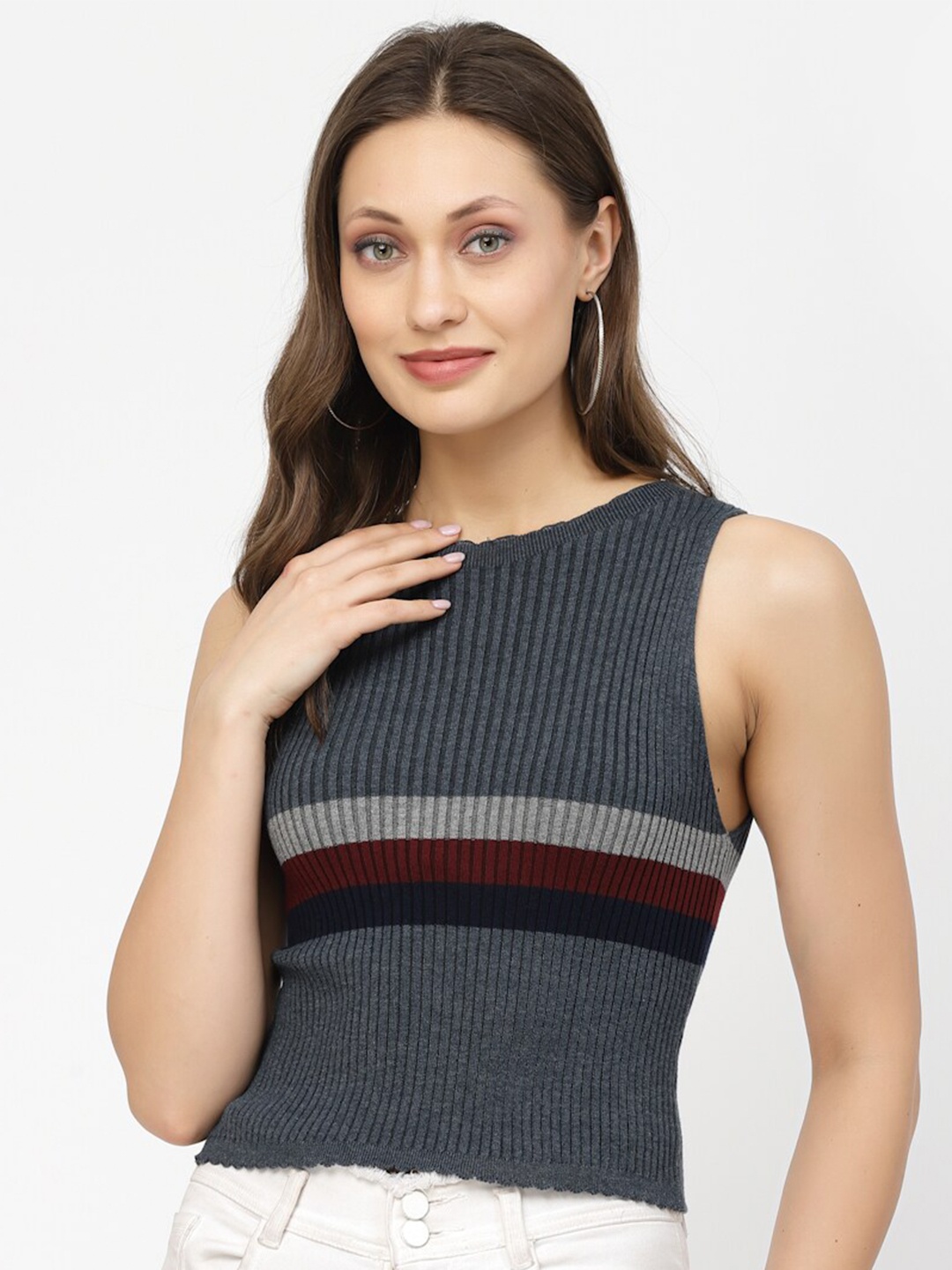 

Kalt Striped Round Neck Sleeves Regular Top, Grey